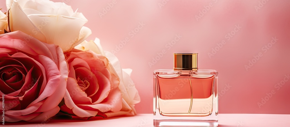 Poster close up copy space image of a pink and gold fragrance bottle placed on a rose colored paper backgro