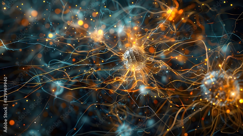 Poster an advanced machine learning algorithm visualized as a complex, glowing neural network, analyzing va