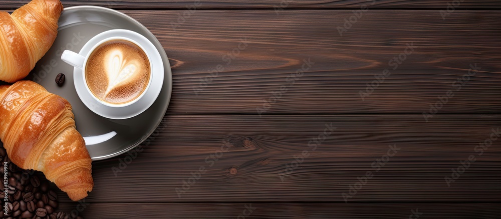 Poster a copy space image featuring a cup of coffee and a croissant placed on a wooden background