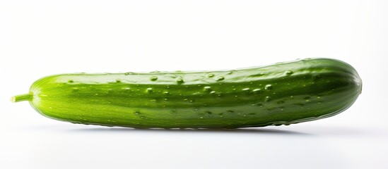 A cucumber is shown in a picture with a white background providing empty space for adding text. with copy space image. Place for adding text or design