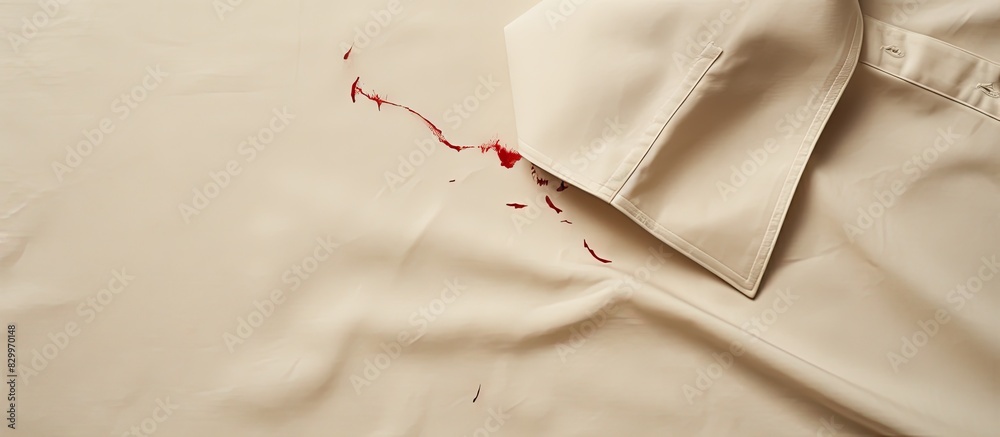 Poster Closeup of a beige shirt with a red ink stain perfect for adding text. with copy space image. Place for adding text or design