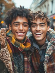 Two friends portrait happy and smiling looking at camera friendship day concept