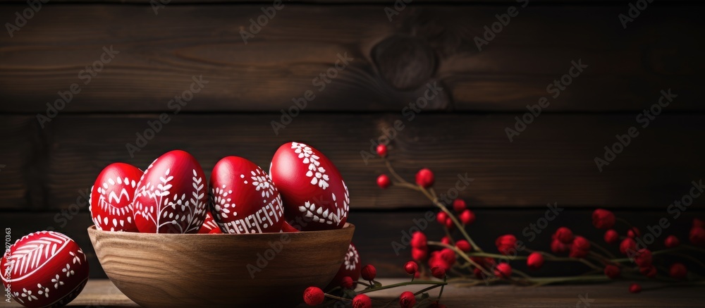 Aufkleber A copy space image of red Easter eggs adorned with leaf patterns set in a chicken themed Easter basket beautifully displayed on a wooden table