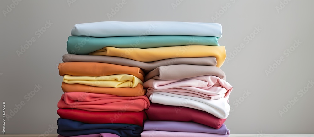 Poster A pile of colorful cotton clothes neatly folded on a white table with an empty copy space for placement
