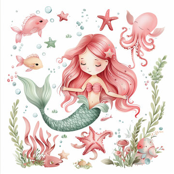 Ilustra&ccedil;&atilde;o de sereia desenho infantil, pap&eacute;is de parede, p&ocirc;steres, estampas de cart&otilde;es comemorativos.