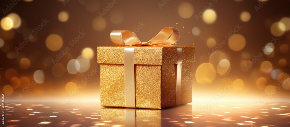 Fototapete The image displays a gold gift box with the lid open set against a shimmering and sparkling background. with copy space image. Place for adding text or design