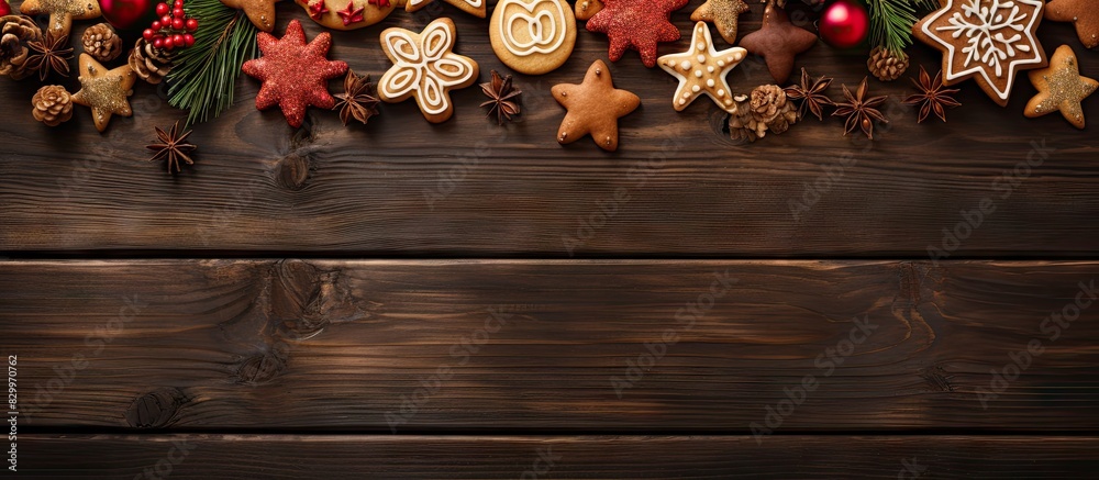 Poster A festive assortment of Christmas and New Year s cookies beautifully arranged on a wooden background with a view from above and plenty of empty space for adding images or text. with copy space image