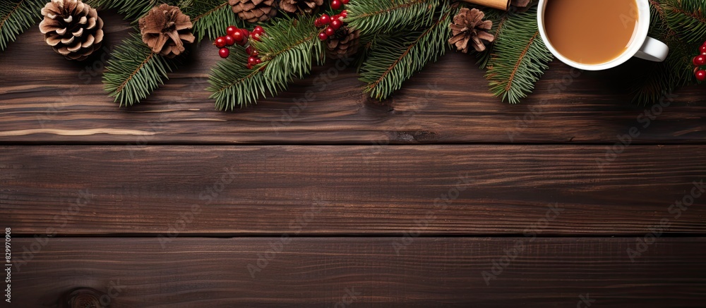 Poster a christmas themed composition featuring spruce branches pinecones a cup of coffee with cookies on a