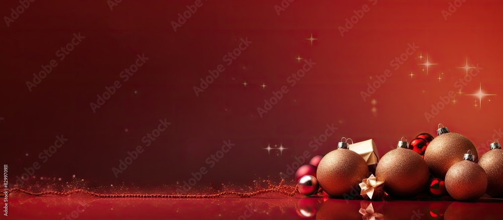 Poster A festive red background with Christmas decorations like a fir tree wrapped presents cones berries and sparkly red balls There s room for text in this image. with copy space image