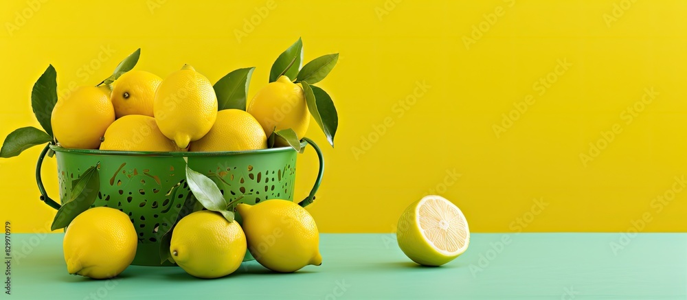 Aufkleber a fresh arrangement of bright yellow lemons rests in a white basket atop a light green backdrop offe
