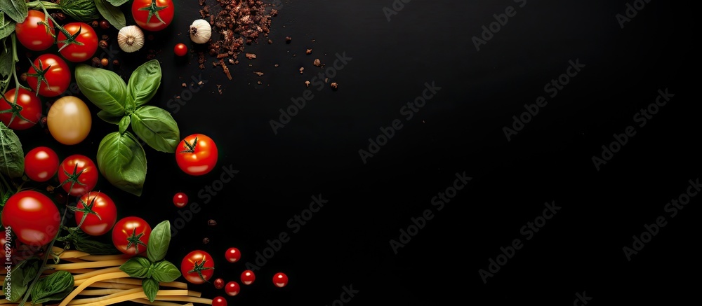 Poster a bird s eye view of spaghetti pasta cherry tomatoes garlic cloves and basil leaves on a black backg