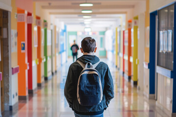 Back view of teenage boy walking in school corridor