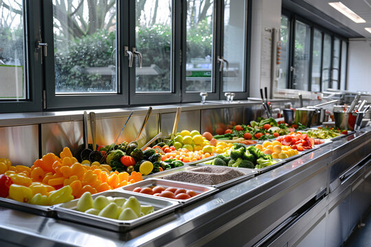 Food in school canteen in metal trays