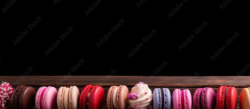 Poster a copy space image featuring a box of macaroons placed on a wooden background