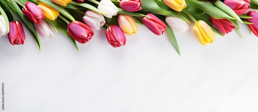 Poster a flat lay banner featuring a beautiful bouquet of tulips on a white background capturing the essenc