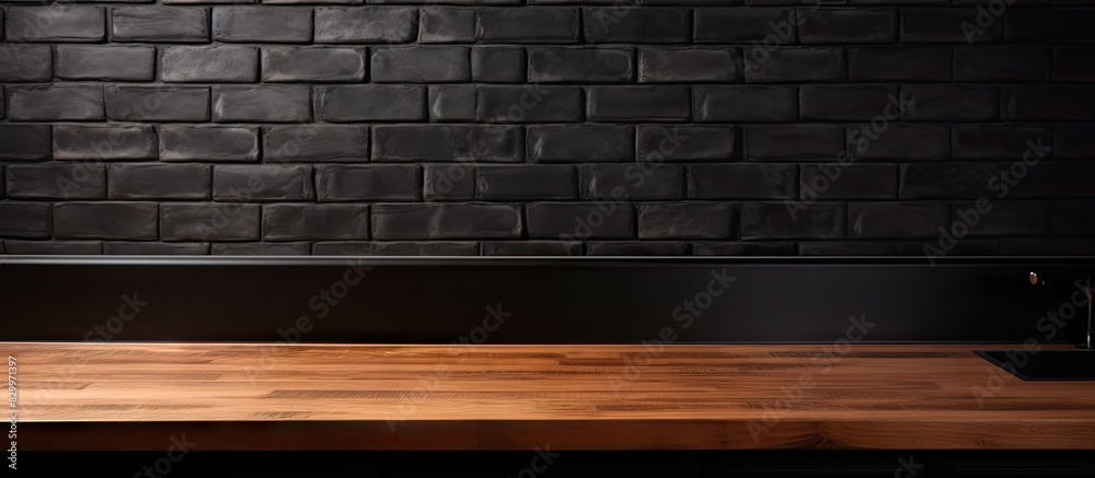Poster in a home interior there is a copy space image of an empty wooden countertop set against a black bri