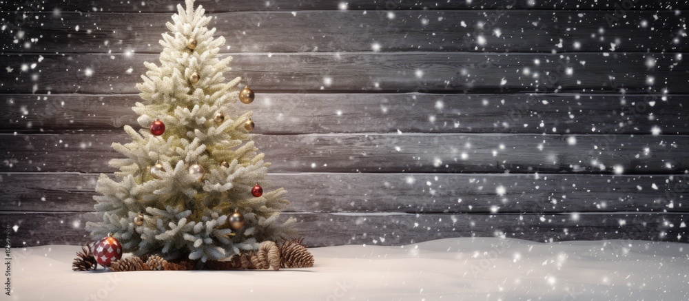 Poster A festive Christmas fir tree covered in snow stands against a rustic wooden backdrop creating a charming copy space image