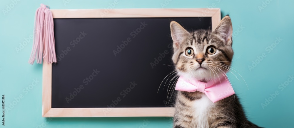 Poster an adorable pet a cute tabby cat holding a blank whiteboard against an isolated pastel color backgro