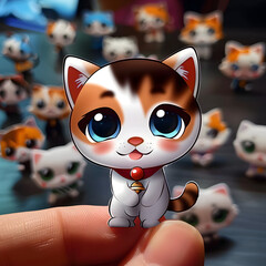 Cartoon character kitten 3d illustration for children. Cute fairytale cat print for clothes, stationery, books, merchandise. Toy kitten 3D character banner, background. Cartoon character 3d cat.