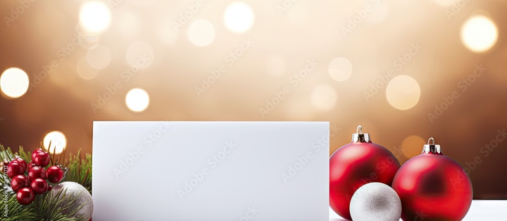 Poster a festive arrangement of a blank card christmas decorations and fir branches on a bright background 