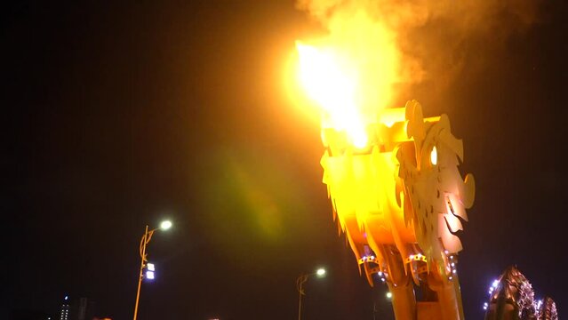 Evening fire show on Dragon Bridge in Da Nang in Vietnam