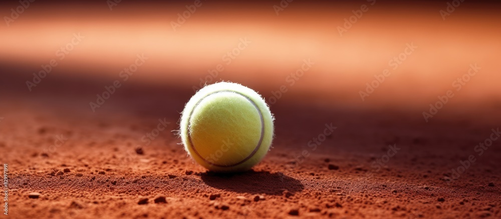 Poster banner design featuring a tennis ball and racket on a clay court leaving room for text. with copy sp