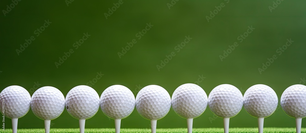 Poster a close up view of golf ball and tee pegs on a green background with copy space image