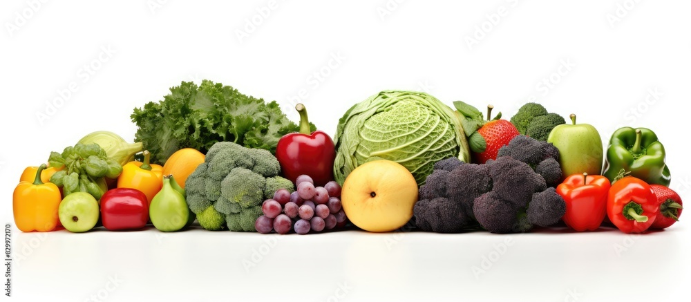 Poster High resolution product photograph of various fruits and vegetables isolated on a white background with ample copy space