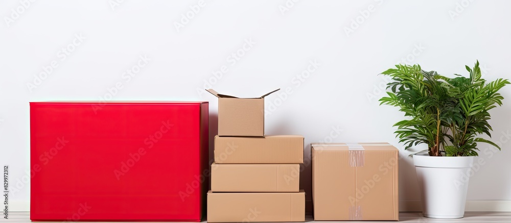 Poster a cheerful delivery man dressed in a red uniform and wearing a cap is depicted against a white backg