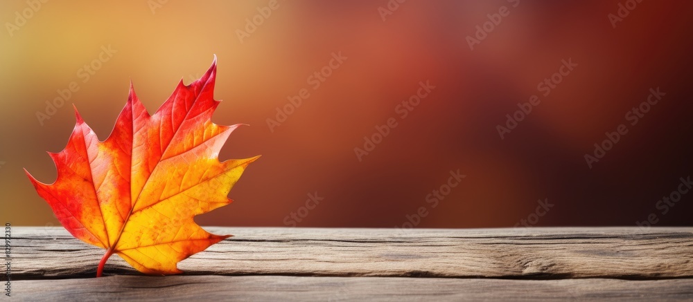 Aufkleber A beautiful wooden background with a single fallen autumn leaf in yellow orange and red hues creating a captivating autumn atmosphere Perfect for copy space image