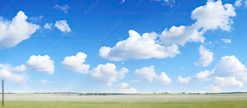 Poster A peaceful summer scene with a clear blue sky adorned by fluffy white clouds offering plenty of space for text or images. with copy space image. Place for adding text or design