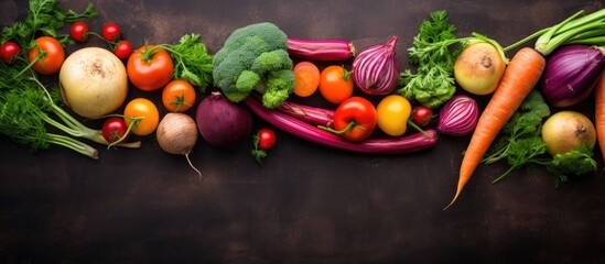 A top down view of various vegetables including carrot beet and potato arranged in a frame with empty space for text or images. with copy space image. Place for adding text or design