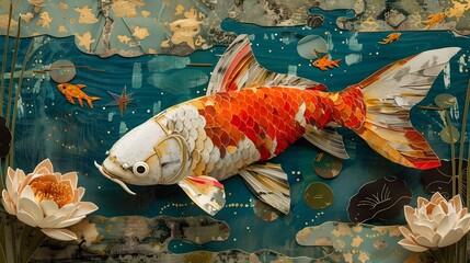 Koi Fish Swimming in a Serene Japanese-Style Aquatic Landscape