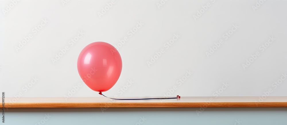 Poster A colorful balloon and a nail placed on a table are set against a white background creating a copy space image