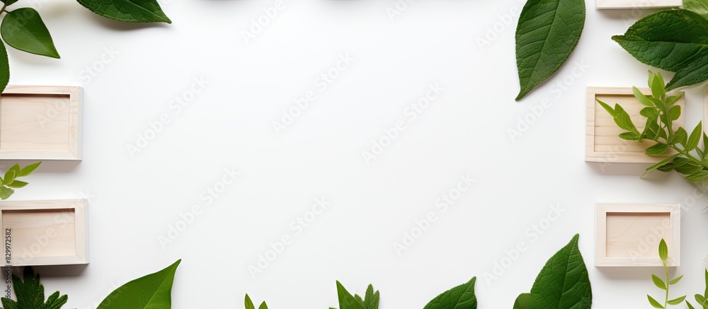 Poster From a top down perspective there is a set of wooden building blocks on a white background Alongside them lies a pristine white card with empty space for text In addition a solitary green leaf comple