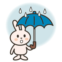 傘を差して雨降りの空を見上げるうさぎさんのイラスト