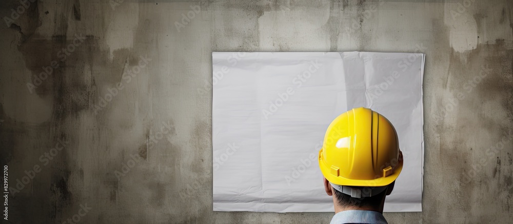 Aufkleber An engineer worker or architect holding a blueprint and wearing a yellow plastic helmet stands against a textured wall with a gray wallpaper background The image includes empty space for writing