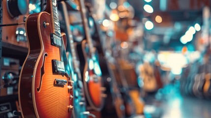 Obraz premium blur background with a huge assortment of different guitars hanging on the walls in a musical instrument store. music shop. guitars for sale . Hobbies and recreation.