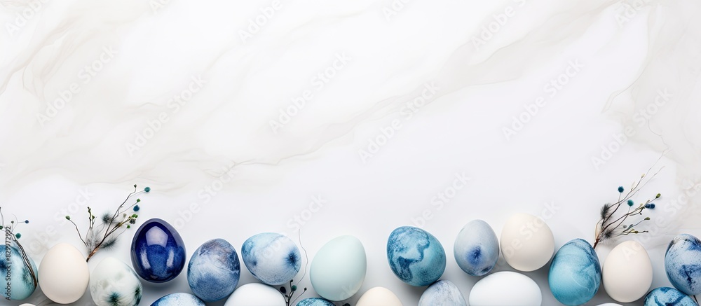 Poster easter greeting card mockup with stylish eggs forming a frame placed on a white wooden background mo