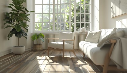 Modern living room interior with a white sofa and armchair near a window on a wooden floor, 3D rendering mock up for presentation design