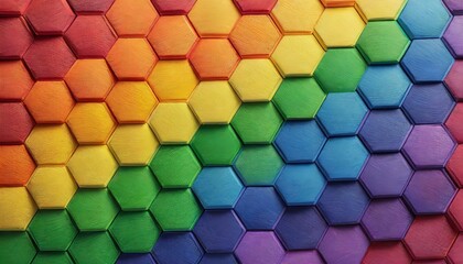 background texture of symmetrically arranged hexagons painted in the colors of the LGBT flag