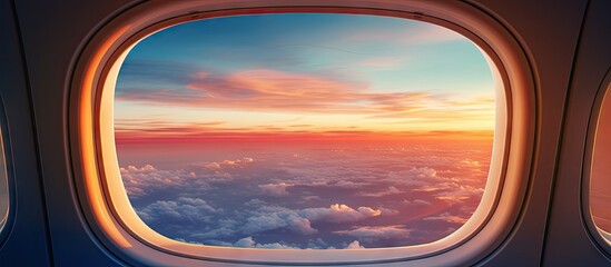 Naklejka premium A captivating copy space image of the sunset viewed through an airplane window