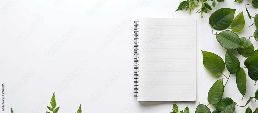 Aufkleber an open notebook lies on a white desk it is adorned with fresh green leaves creating a stunning copy