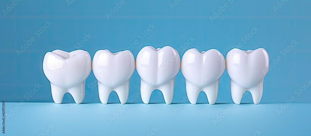 Poster A copy space image displaying three teeth positioned against a blue background with one tooth visibly affected by caries