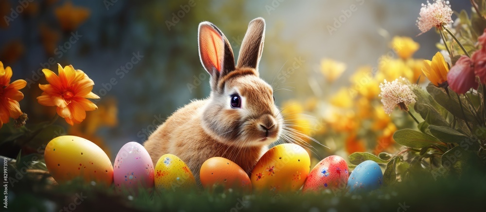 Poster easter bunny with eggs and flowers a traditional holiday symbol. with copy space image. place for ad