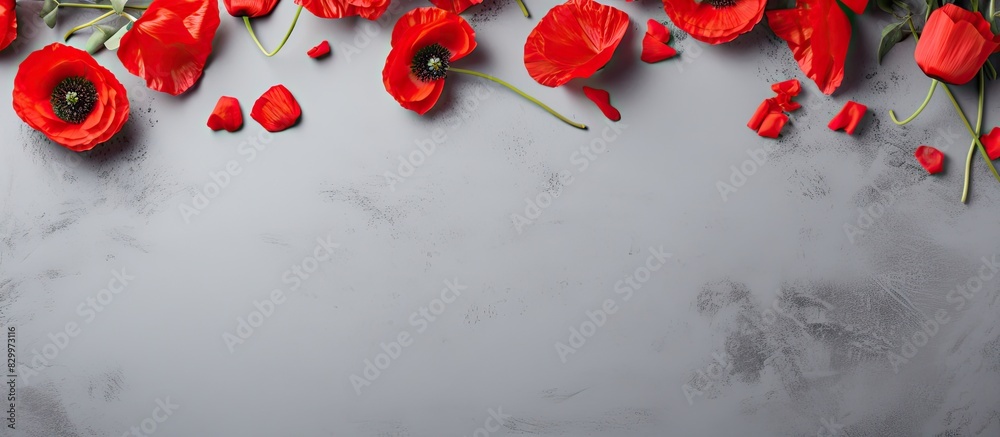 Poster A top down view of a gray background adorned with red poppy flowers and a blank sheet of paper This holiday inspired image can be used for greeting cards invitations or as a mockup