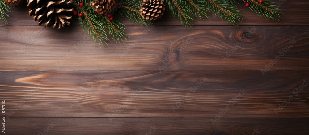 Poster A festive Christmas background featuring a fir tree branch adorned with a Christmas ball and a cone on a wooden backdrop. with copy space image. Place for adding text or design