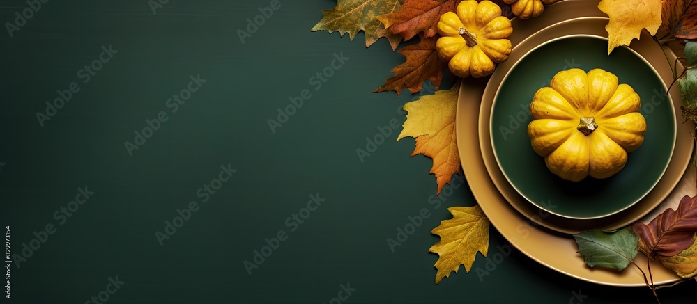 Poster autumn themed flat lay featuring a plate pumpkin and yellow leaves on a moody green background ample