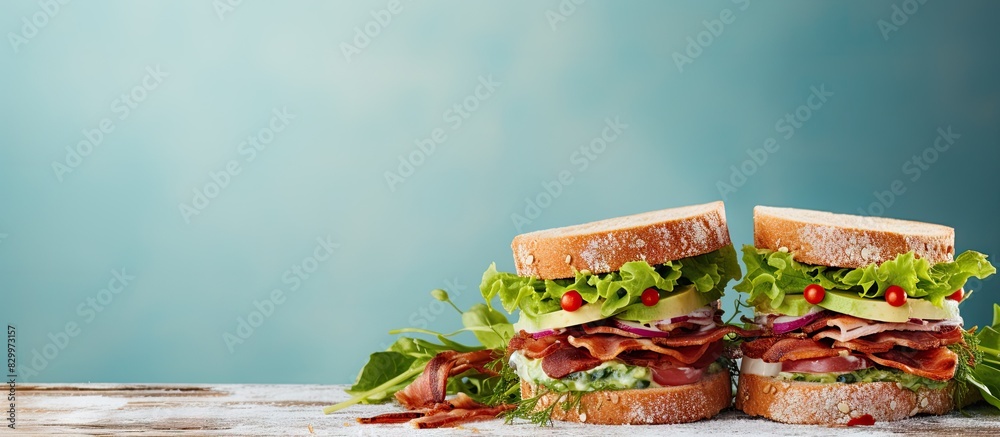 Poster A breakfast and lunch concept is portrayed in the copy space image of a delicious and nutritious bread sandwich with ham lettuce and dried tomato on a table The flat lay background enhances the visua