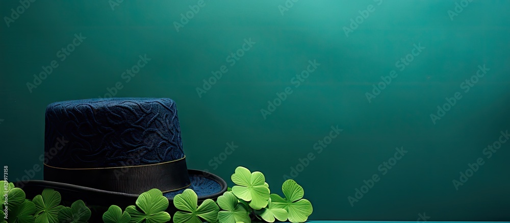 Poster an irish themed background adorned with a small green hat featuring a shamrock on a blue cloth provi